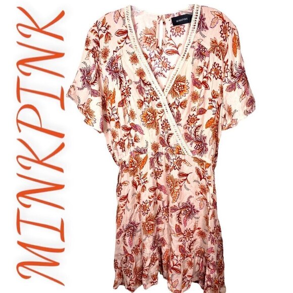 NWT MINKPINK Lola Floral Multi V-Neck Boho Mini Dress, Size Large - Picture 2 of 14
